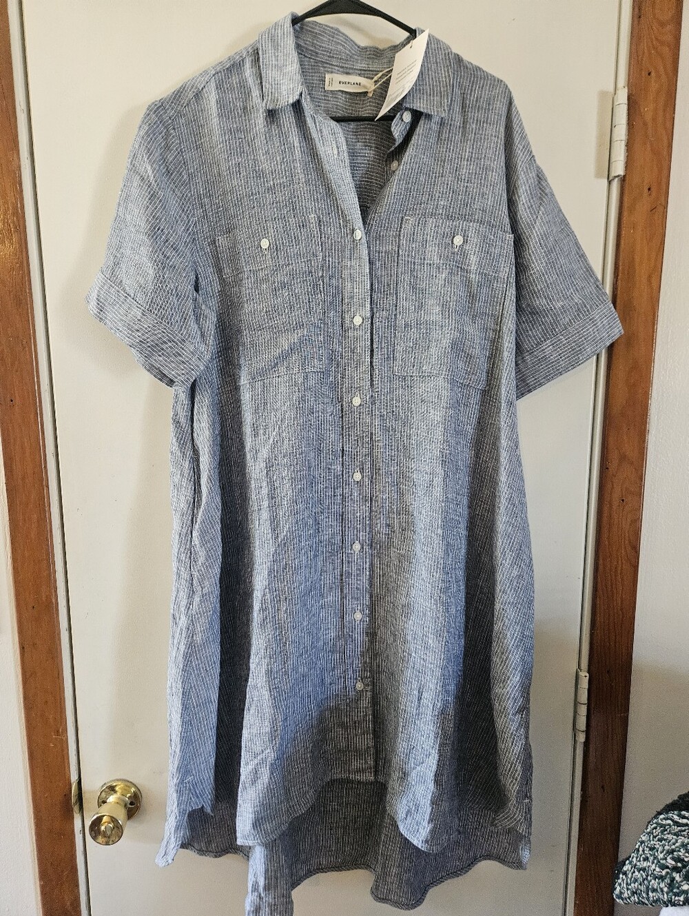 Everlane The Day Tripper Shirt Dress Linen in White/Blue Pinstripes L NEW - Picture 4 of 8
